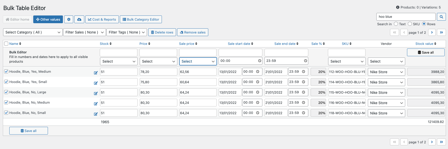 Bulk Table Editor using previous sales prices