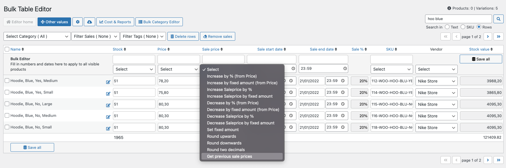 Bulk Table Editor, get previous prices in bulk function