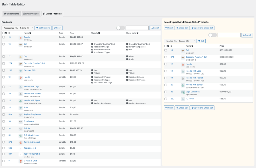 Bulk Table Editor – Produits liés (produits suggérés et ventes croisées)