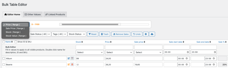 Bulk Table Editor: filtros de rangos