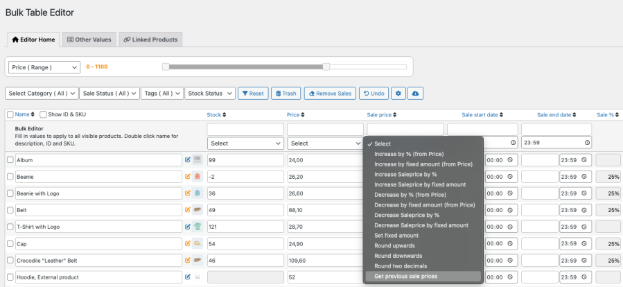 Bulk Table Editor: ventas anteriores