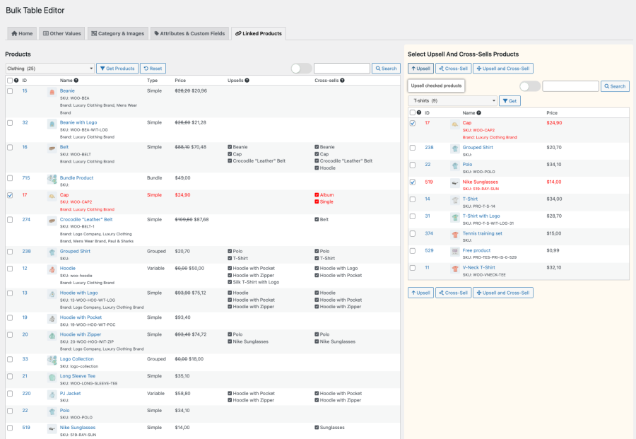 Bulk Table Editor for WooCommerce - linked products