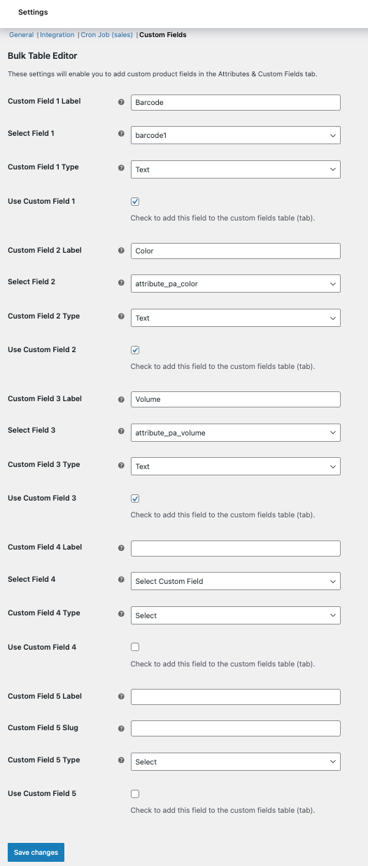 Bulk Table Editor - settings - custom fields