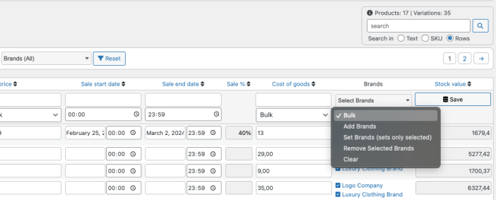 Bulk Table Editor - Brands