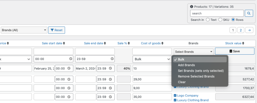 Bulk Table Editor: Brands