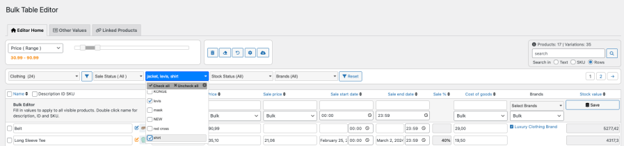 Bulk Table Editor: filtros