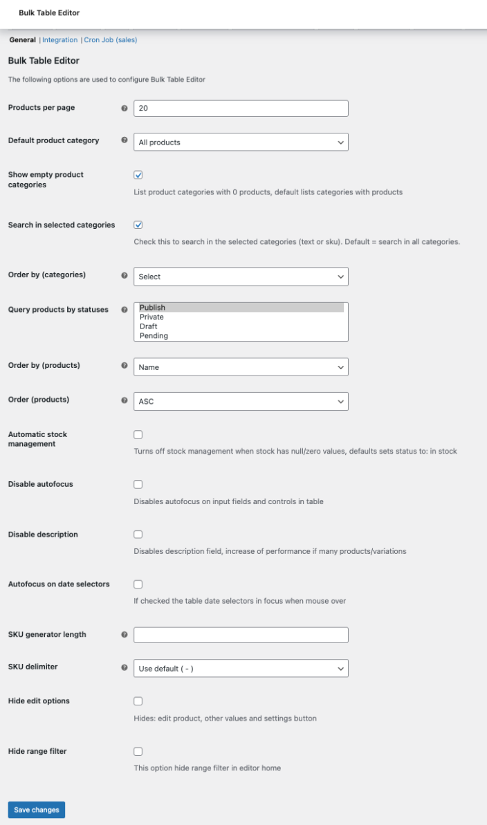 Bulk Table Editor - general settings