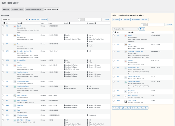 Bulk Table Editor for WooCommerce - linked products