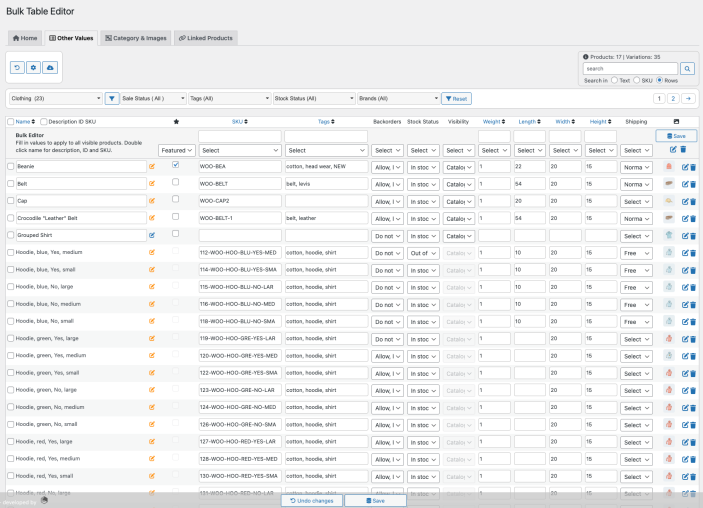 Bulk Table Editor for WooCommerce - other values