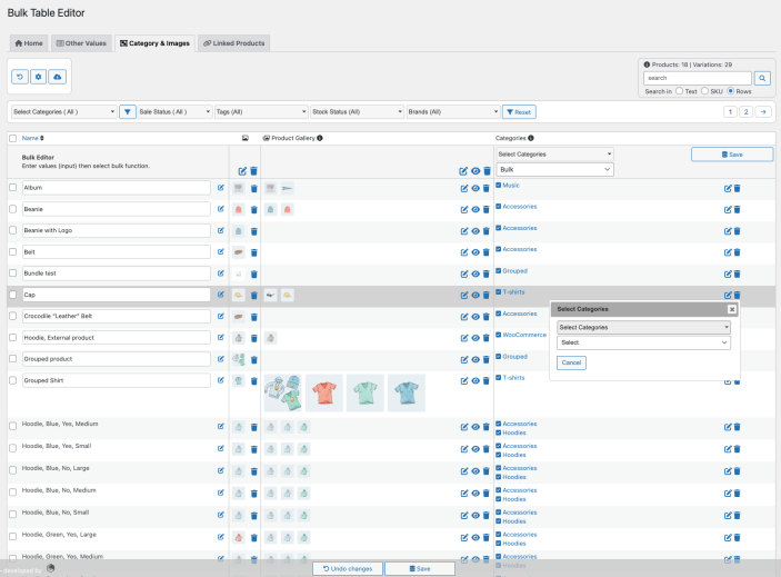 Bulk Table Editor for WooCommerce - categories and images