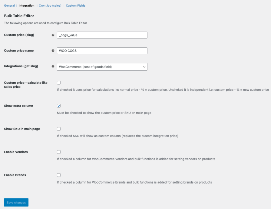 Bulk Table Editor - settings - integrations