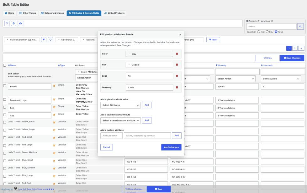 Bulk Table Editor - attributes dialog