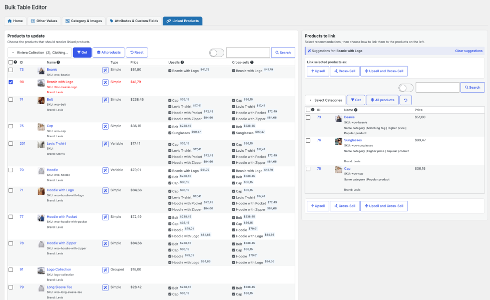Bulk Table Editor - linked products