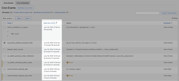 The Next Run column on the Cron Event tab.