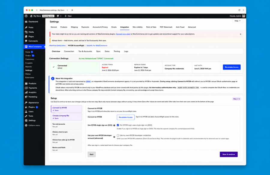 MYOB set-up page screenshot