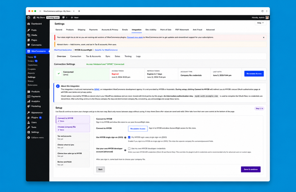 MYOB set-up page screenshot