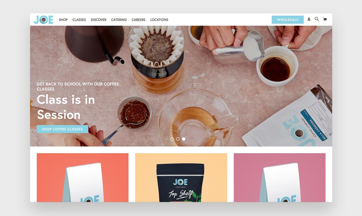 screenshot of "above the fold" on a coffee company website