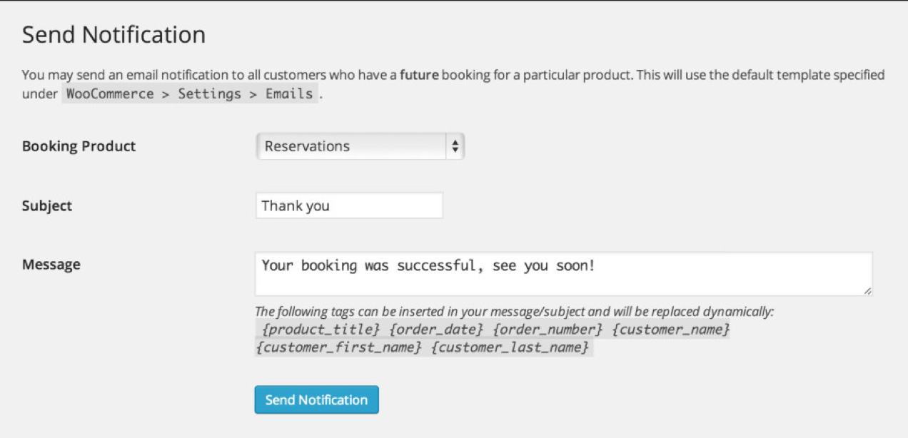 Screenshot from WooCommerce Bookings showing reservation confirmation email settings