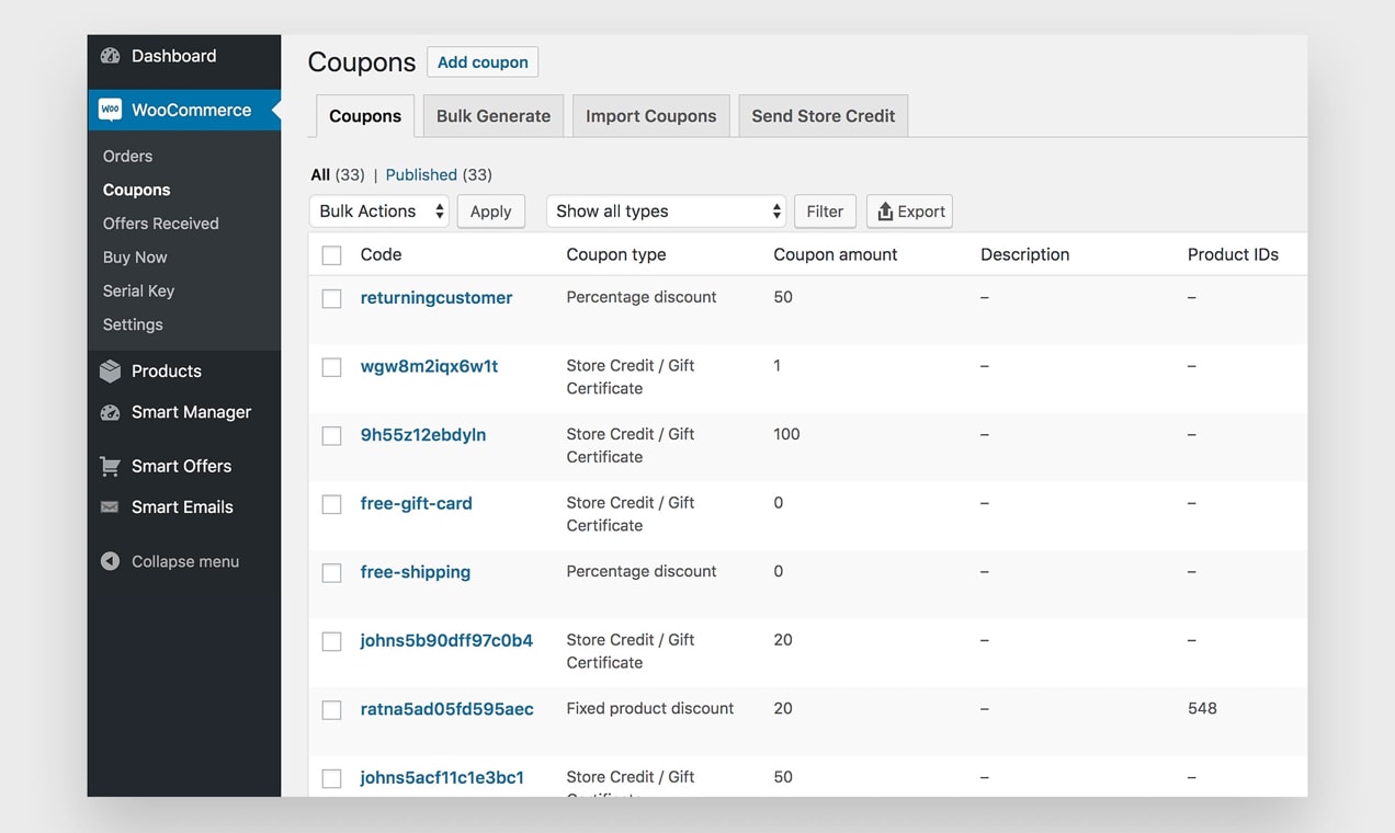 captura de pantalla del panel de administración de Smart Coupons, que muestra una lista de cupones disponibles