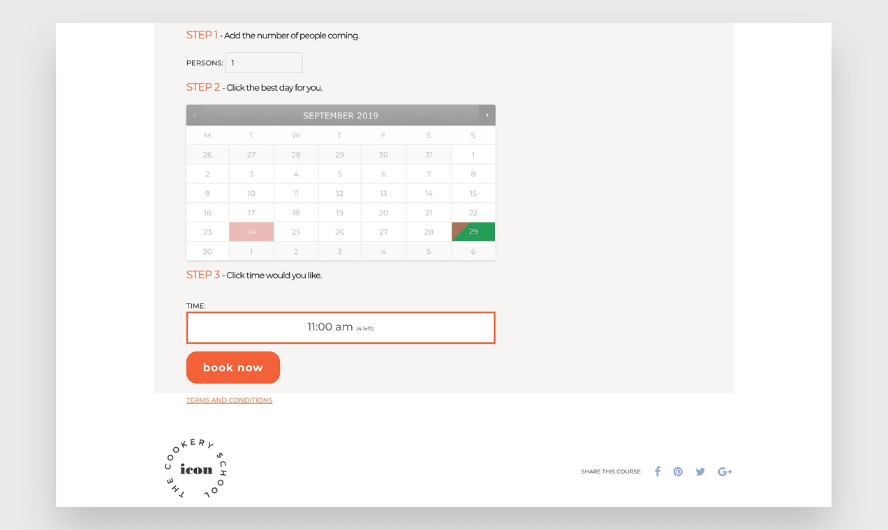 screenshot of a booking calendar with available times on Icon Cookery School