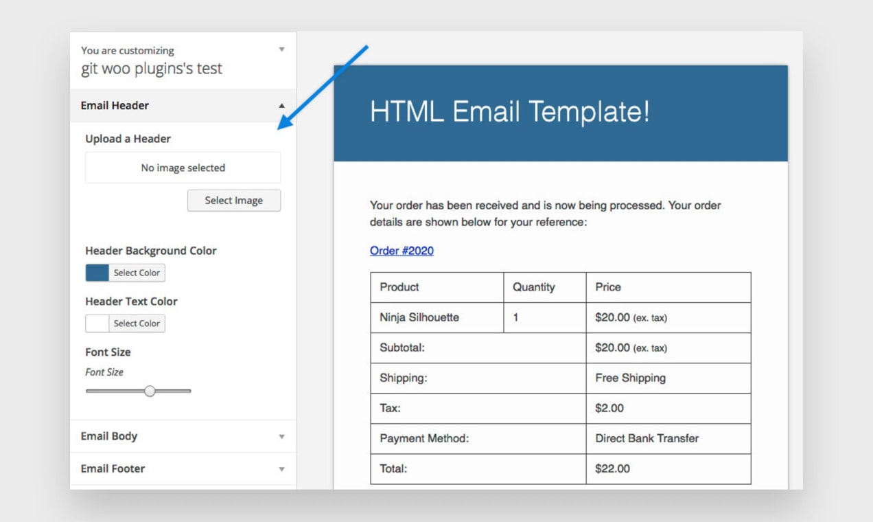 Screenshot of the WooCommerce Email Customizer extension in action