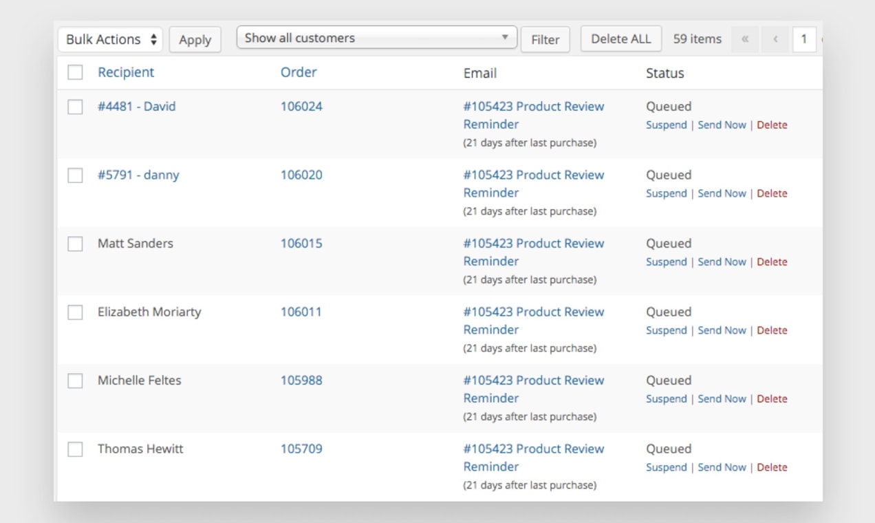 Screenshot from Follow-Ups dashboard, showing queued emails