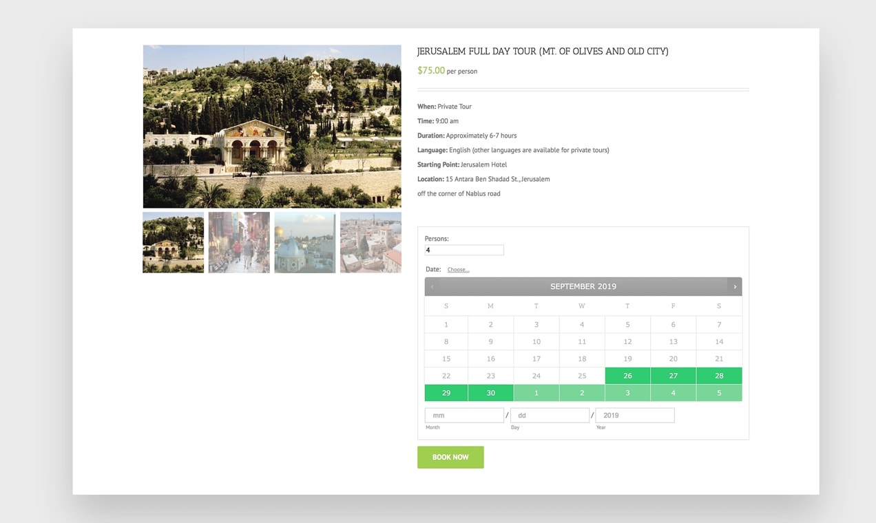 screenshot of a booking calendar on Visit Palestine's website