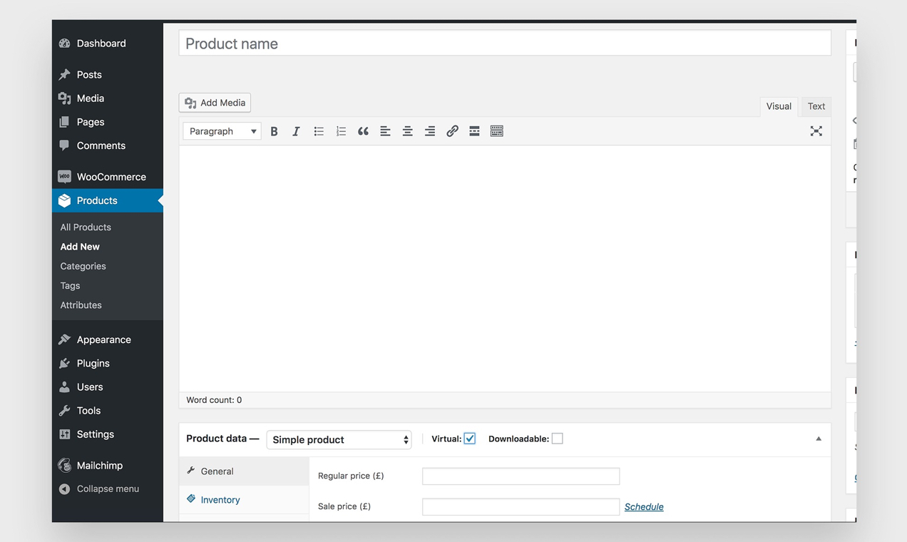 Screenshot of product page in the WooCommerce dashboard