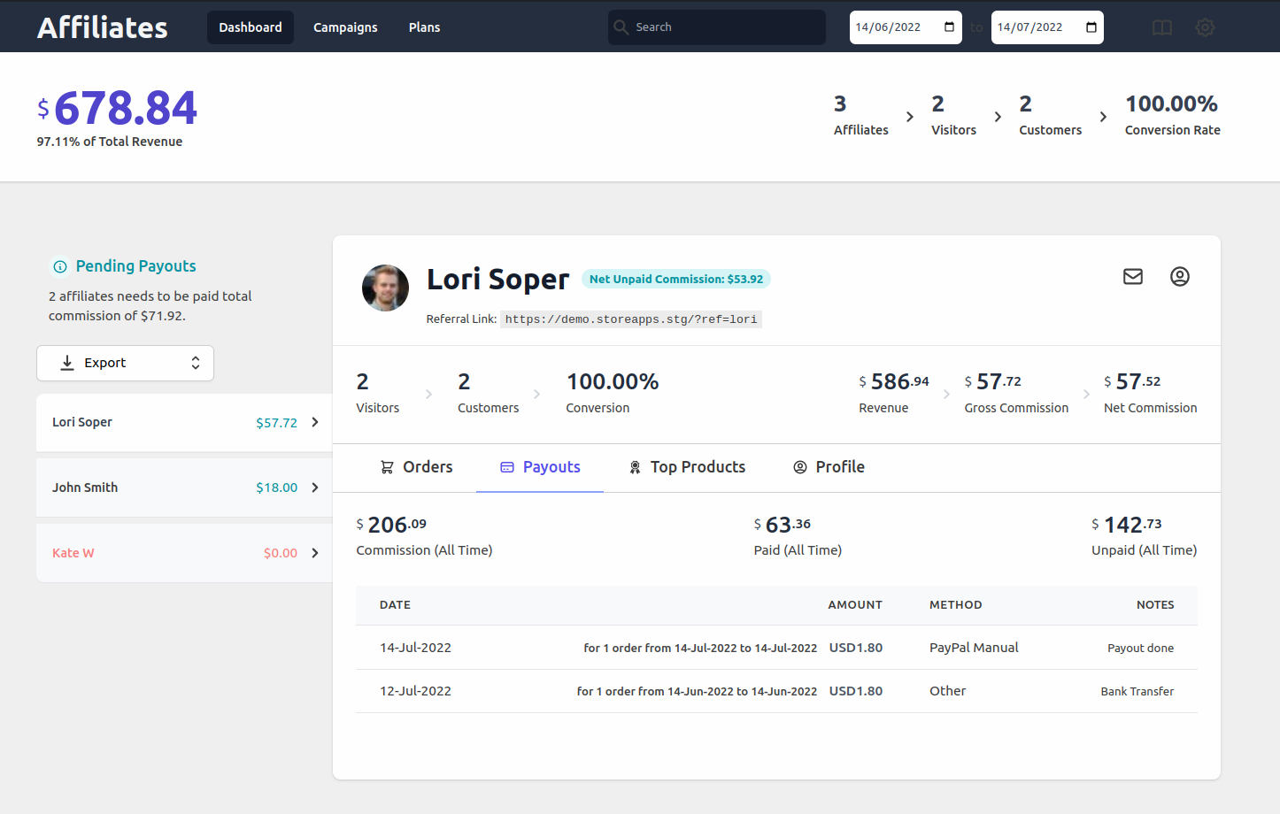 Affiliate for WooCommerce - Payouts dashboard