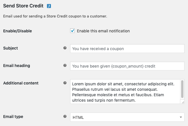 Send Store Credit email settings