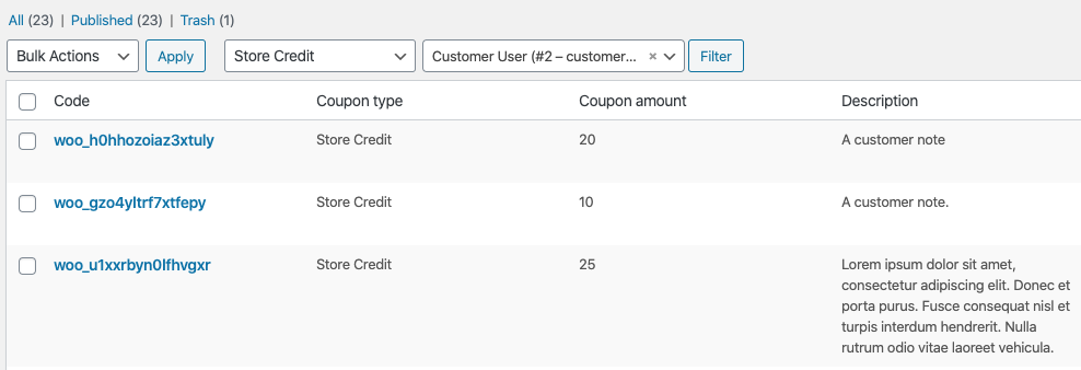 Store Credit coupons of a customer