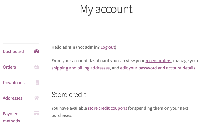 Store Credit section in the 'My account' dashboard