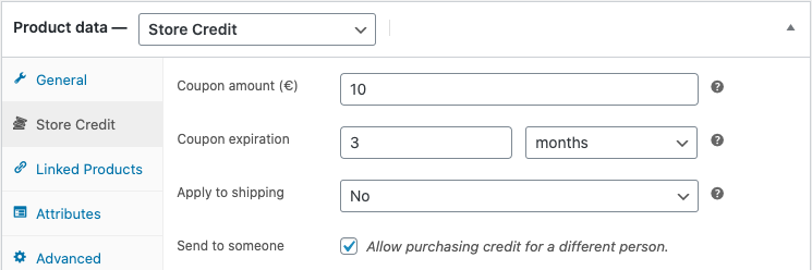 Store Credit product options