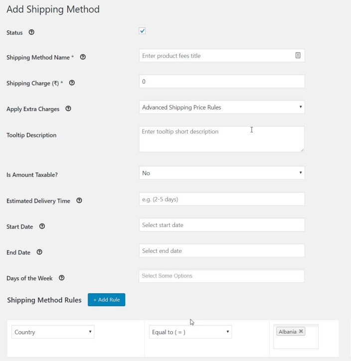 Fee Configuration Form for Creating Flat Rate Shipping Method