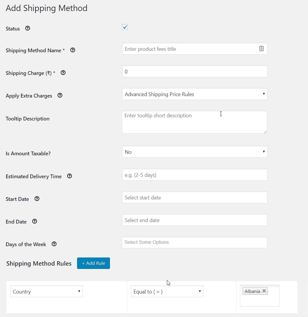 Add Shipping Method form for Advanced flat rate shipping plugin 