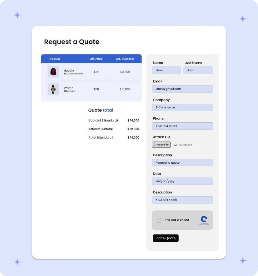 Two Column cart template in woocommerce request a quote