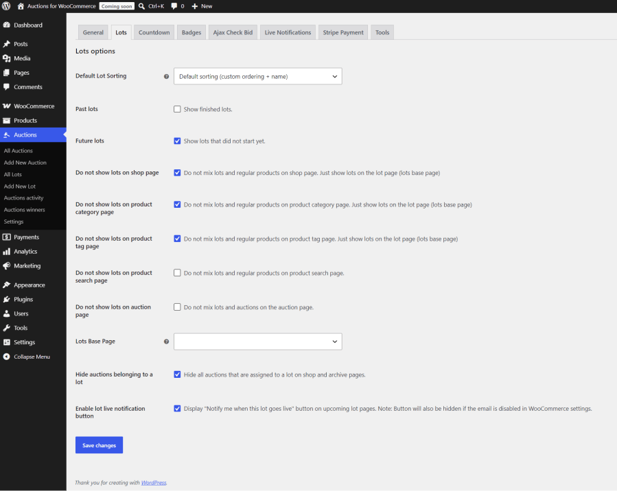 Auction Lot Settings and Options