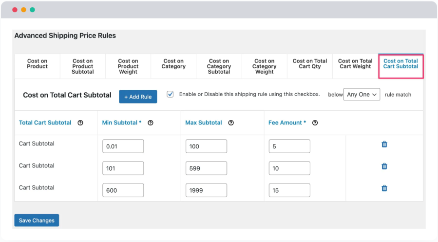 Advanced Shipping Pricing rules