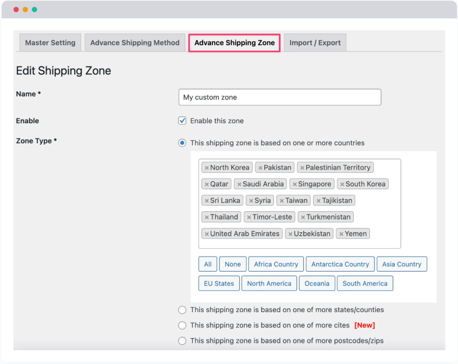 Configure advanced shipping zone