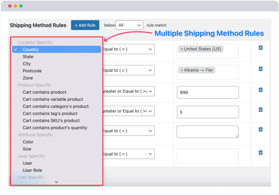 Multiple shipping rules