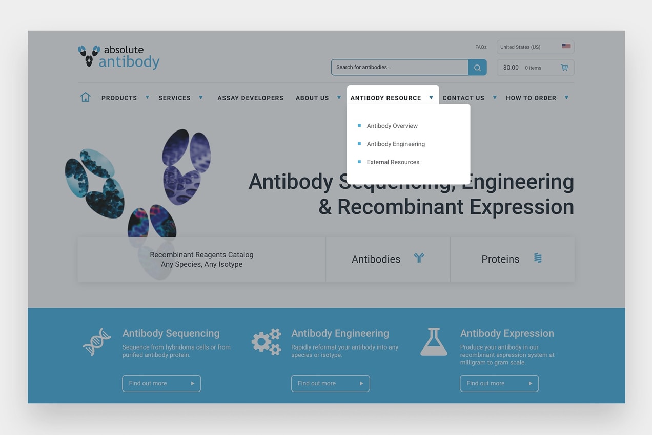 screenshot from Absolutely Antibody, showing their primary menu and dropdowns