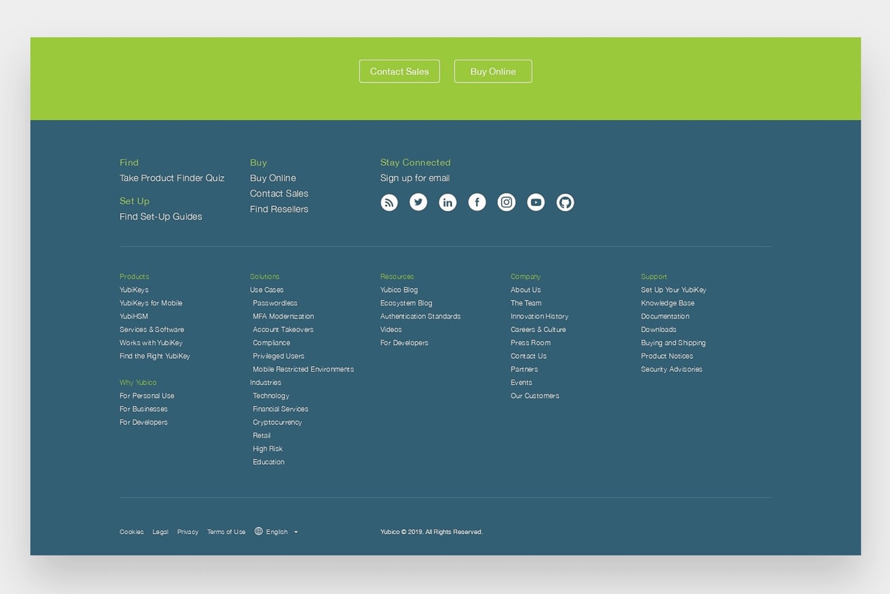 screenshot of footer from Yubico.com
