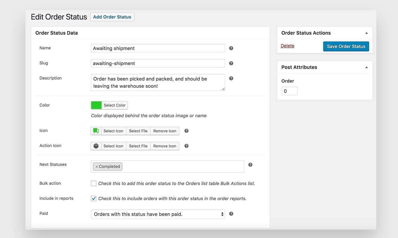 Edit Order Status screen in WP Admin.