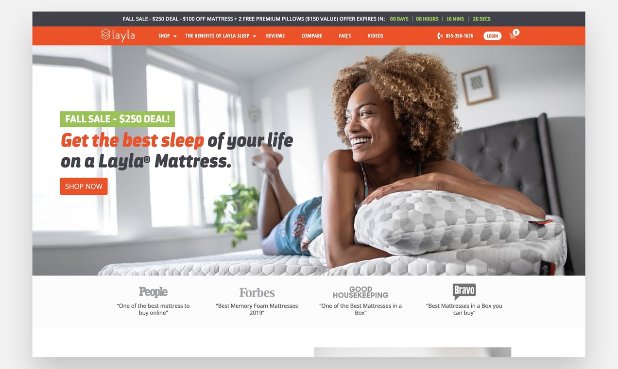Screenshot from Layla Mattress showing a top bar with countdown