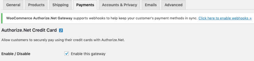 WooCommerce Authorize.Net enable webhooks