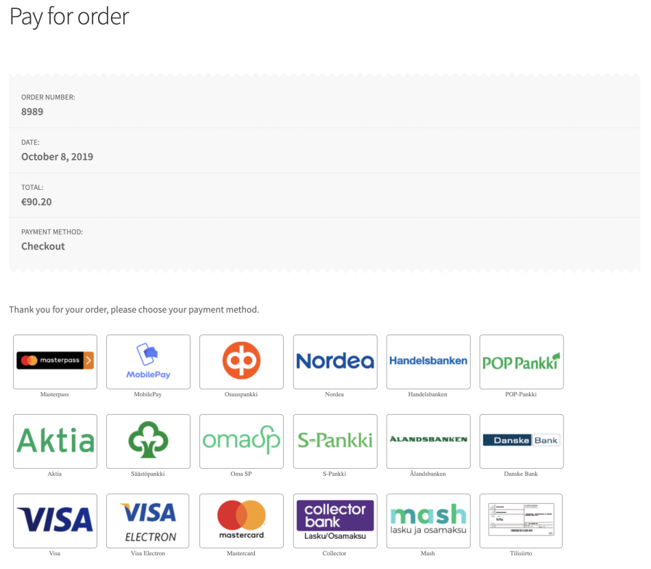 WooCommerce Checkout (Finland) Available Payment Methods
