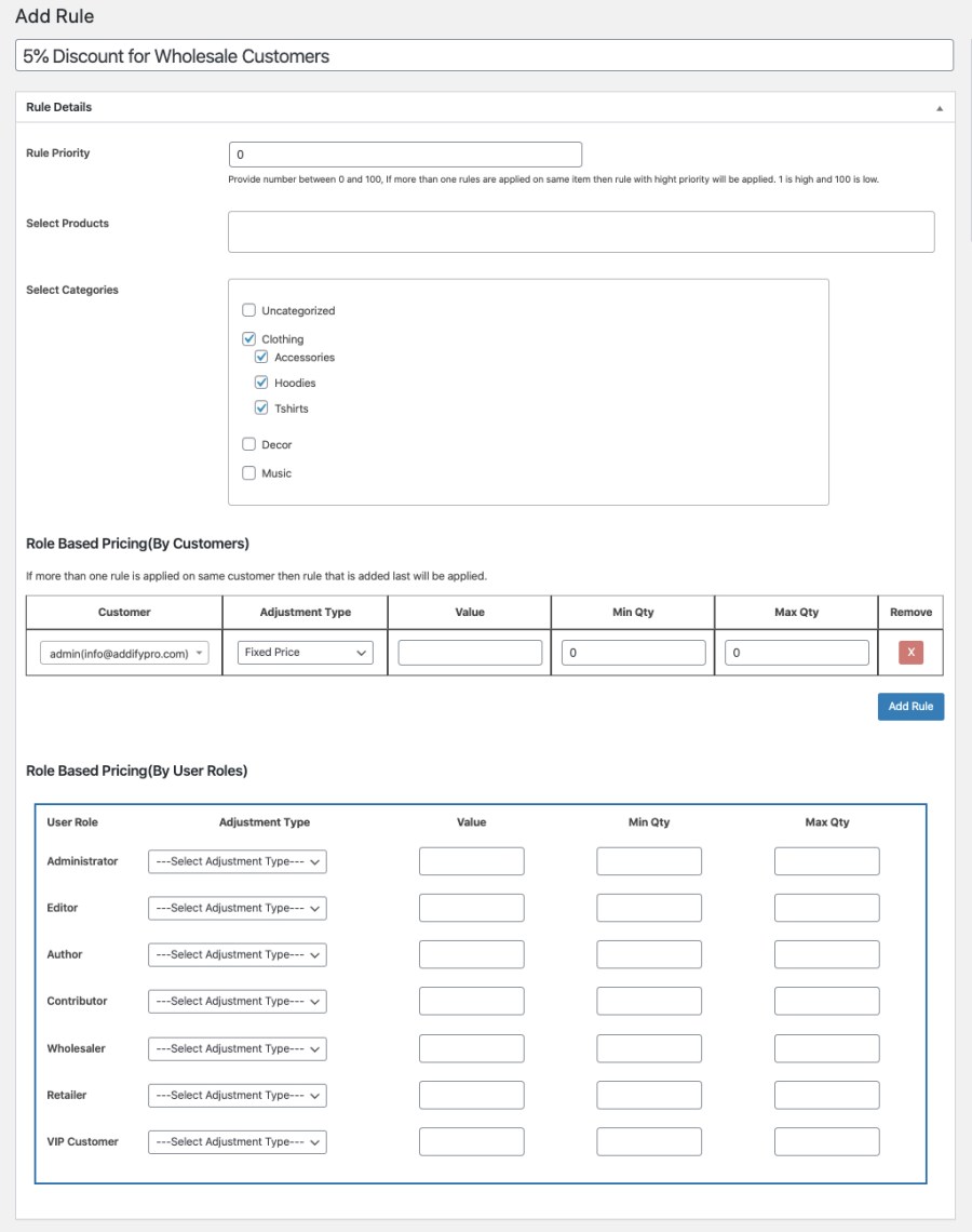 Price Based on Roles Bulk Rule