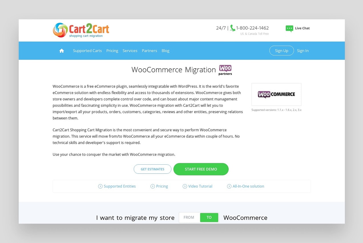 来自Cart2Cart的屏幕显示了如何从Shopify迁移到WooCommerce。