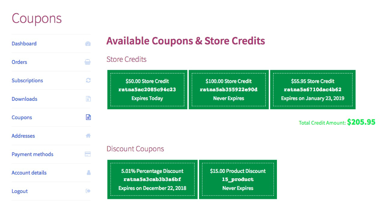 Smart Coupons dashboard, showing available coupons and store credits
