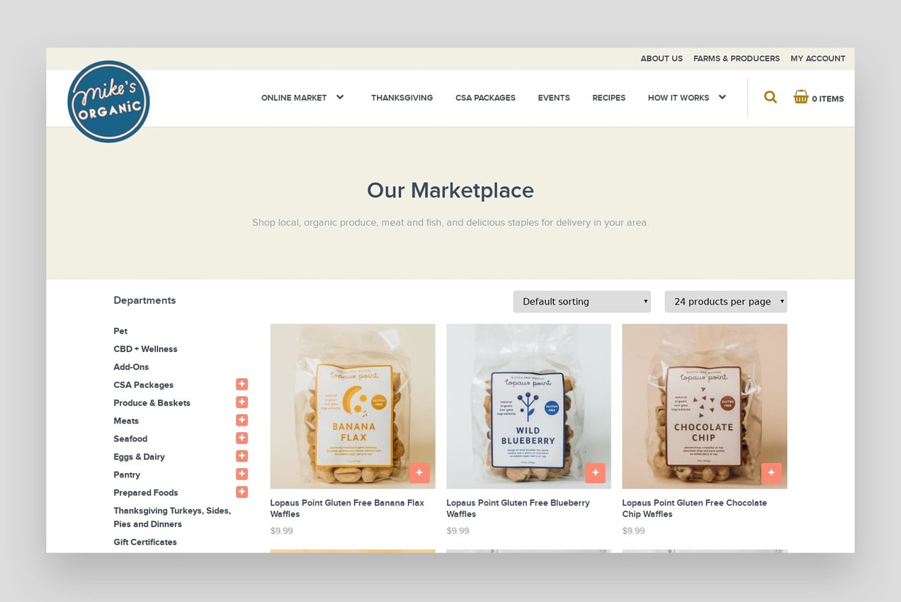 An eCommerce website with products for sale and a sidebar displaying the different categories to browse. 